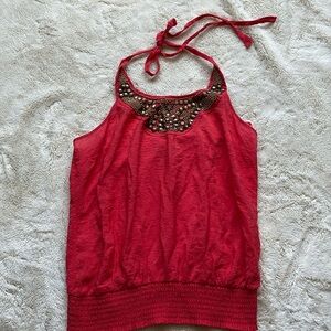 Dynamite Red Y2K Halter Beaded Top | Summer Party Style | Boho Glam Festival L